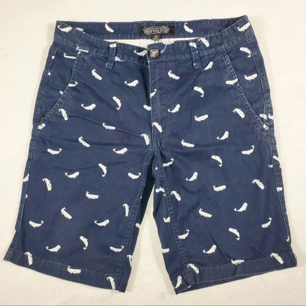 Mens Casual Shorts Sunday Work Clothes Navy Blue Whales Size 30 Waist 10" inseam